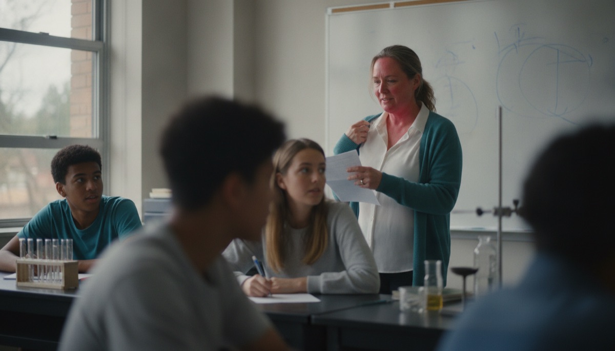 Teacher having a hot flash in front of her class