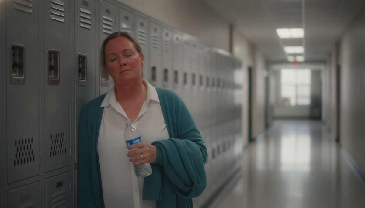 Teacher cooling down in a school hallway