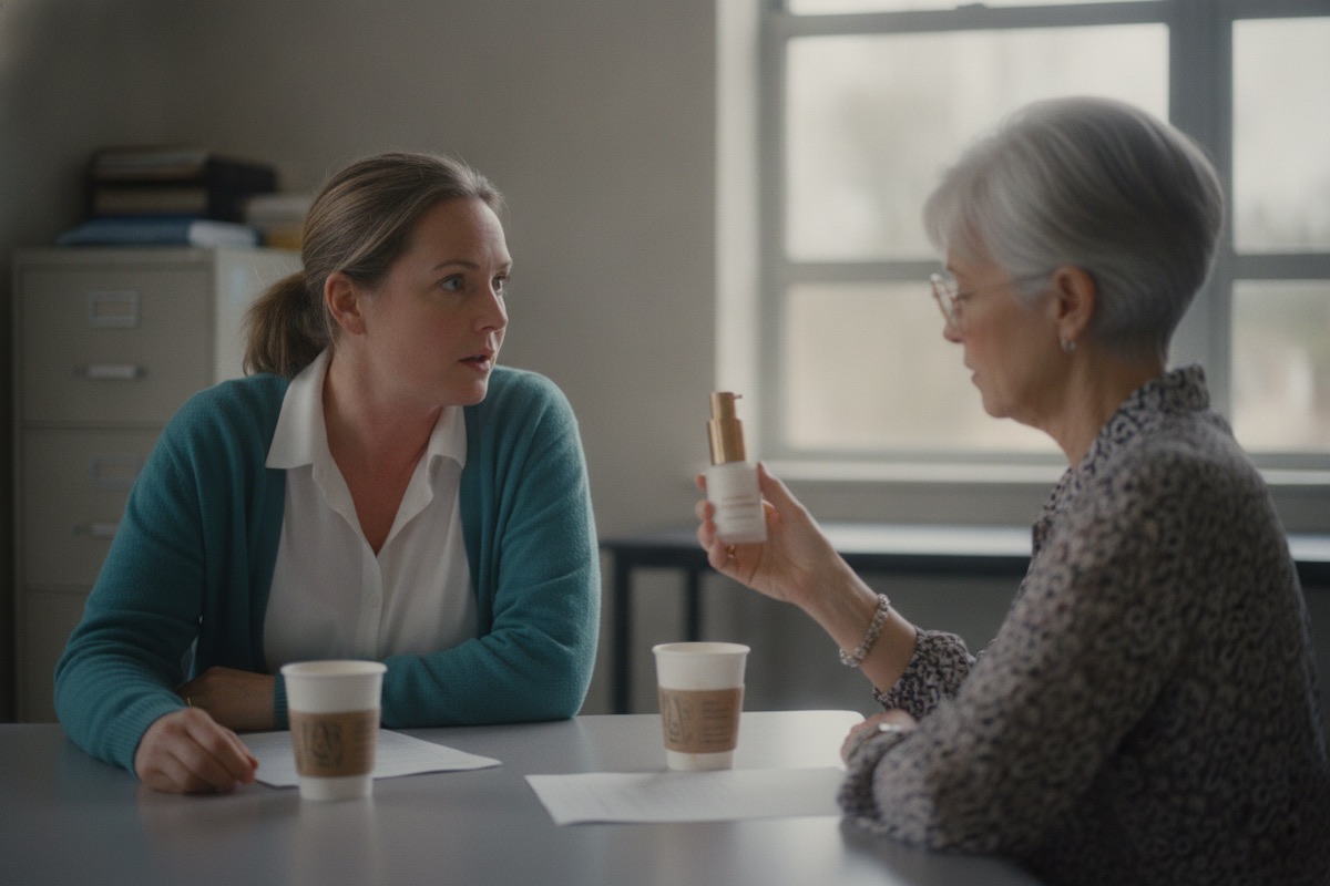 Two teachers talking in a staff room, one showing Menova cream