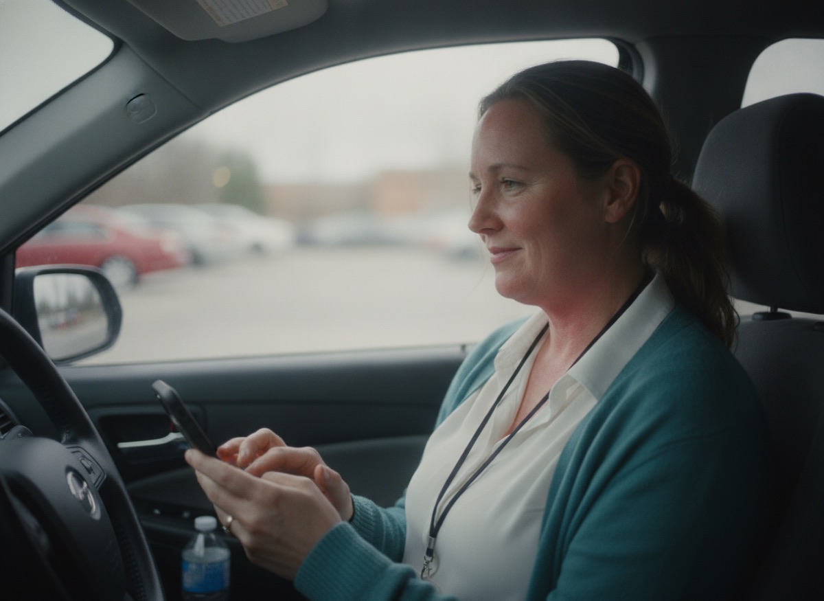 Teacher doing an online assessment on her phone in her car