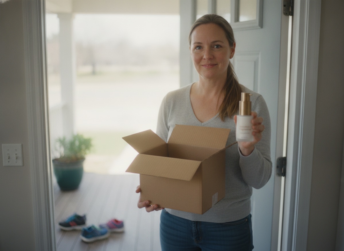 Woman at her front door with a plain box and Menova cream