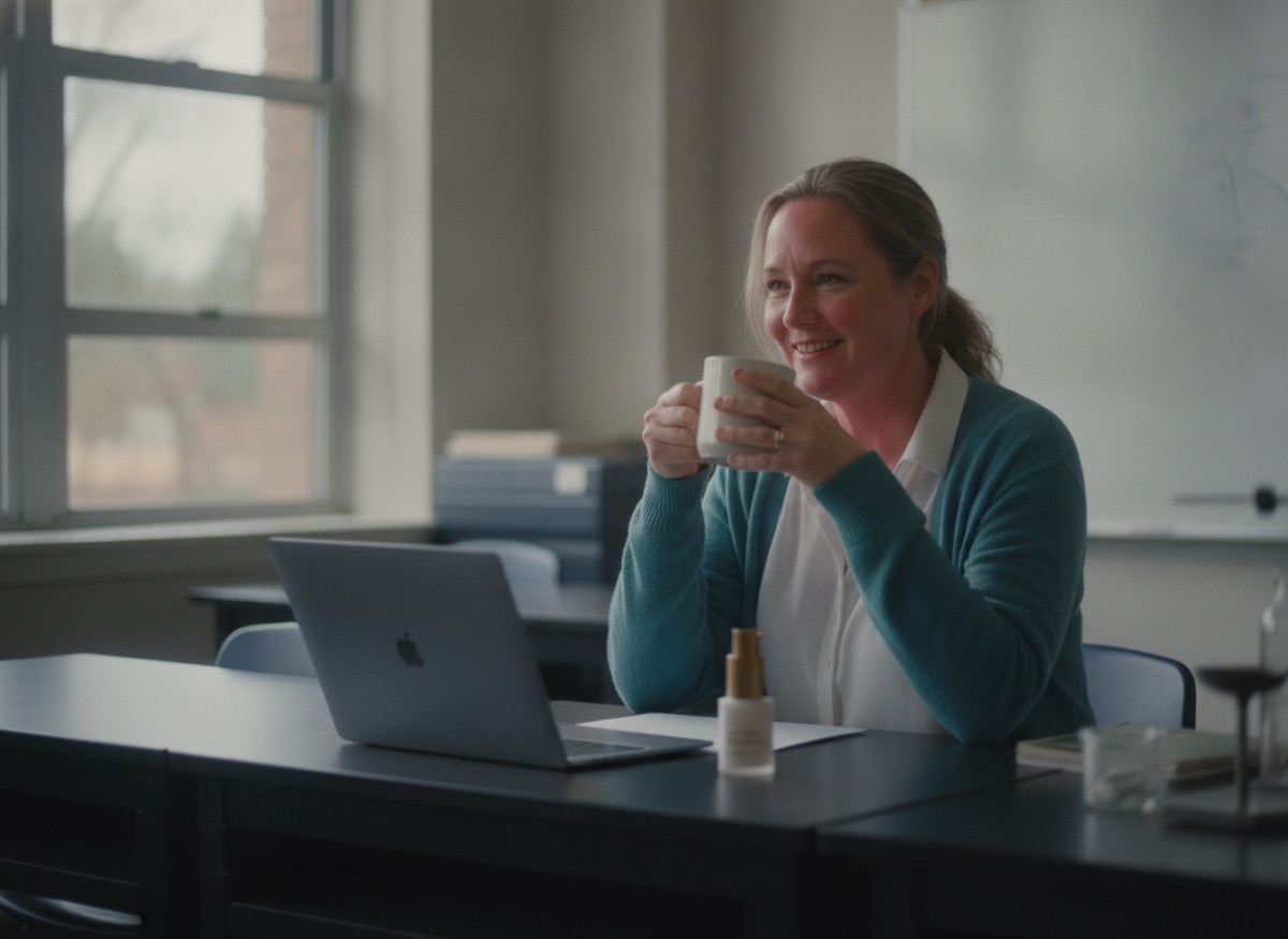 Relaxed teacher at her desk with Menova cream
