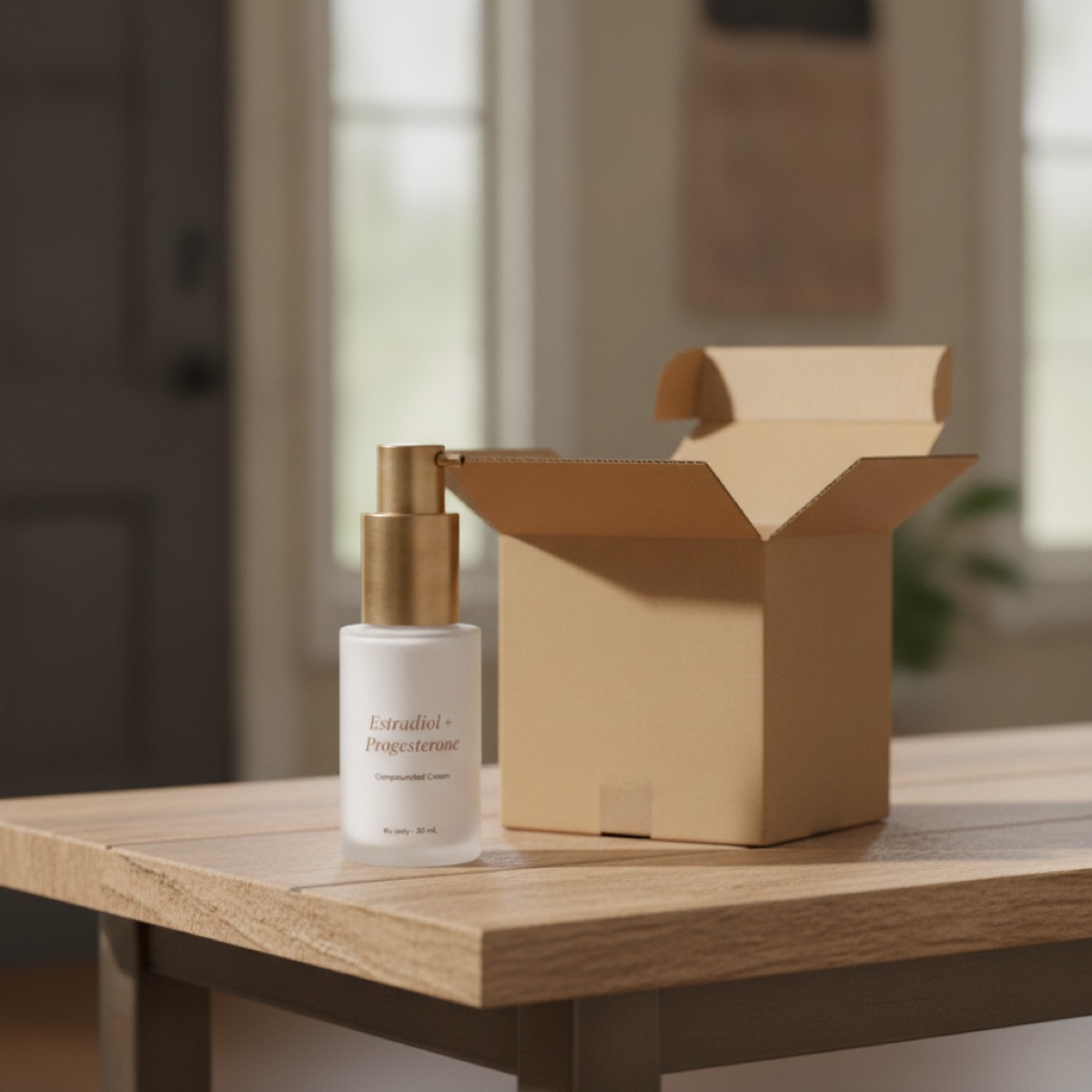 Menova cream next to a plain shipping box